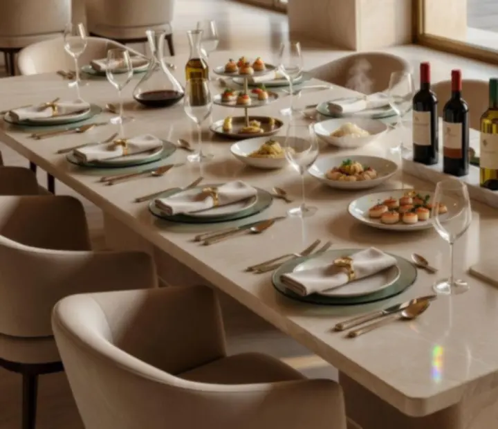 Celebration dining table set with elegant tableware in a bright Australian restaurant