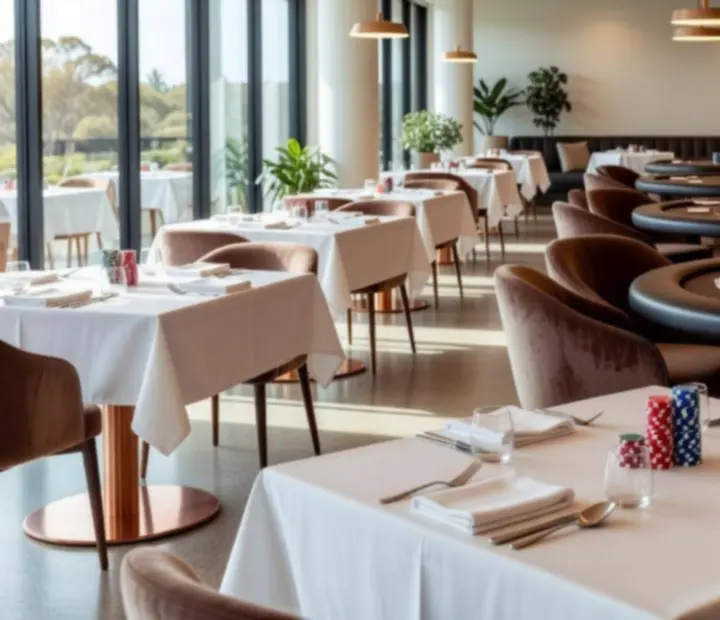 Bright Australian restaurant interior with poker tables, cards, chips and premium lounge seating