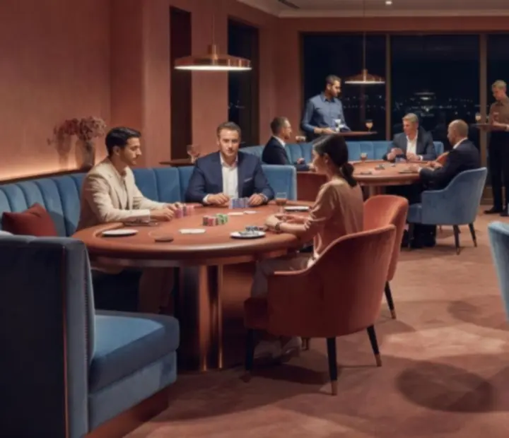 After dark card lounge with warm copper-toned interiors, poker tables, cards and soft lighting