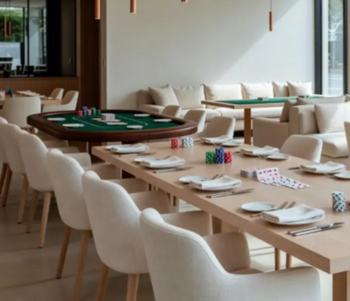 Sunlit Australian restaurant and poker lounge interior with poker tables, cards, chips, and linen-dressed dining tables
