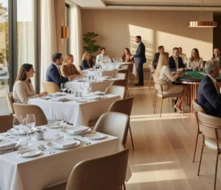 Sunlit private event room with restaurant dining tables and poker tables prepared for an offline poker night