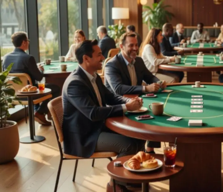 Daylight poker lounge with guests enjoying classic card games in a relaxed setting