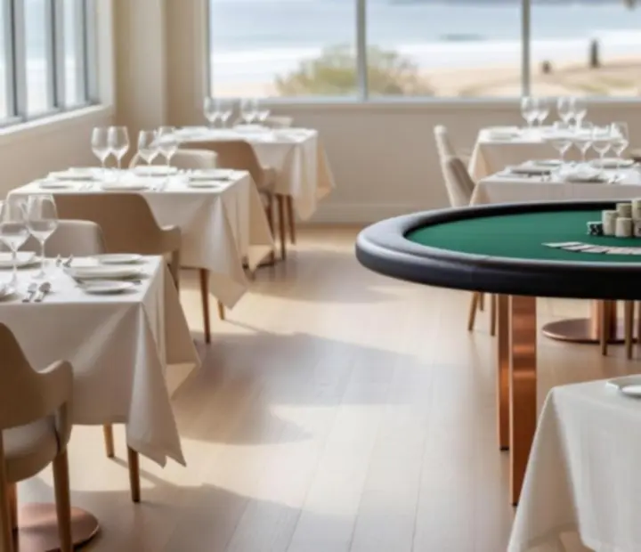 Bright Australian restaurant interior with poker tables, cards, chips and refined table settings