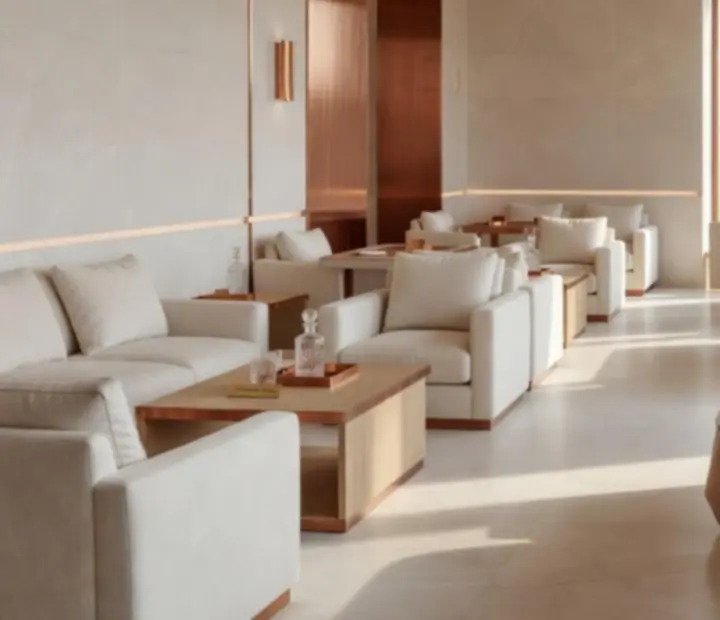 Sunlit card room with pale stone, brushed copper and poker tables