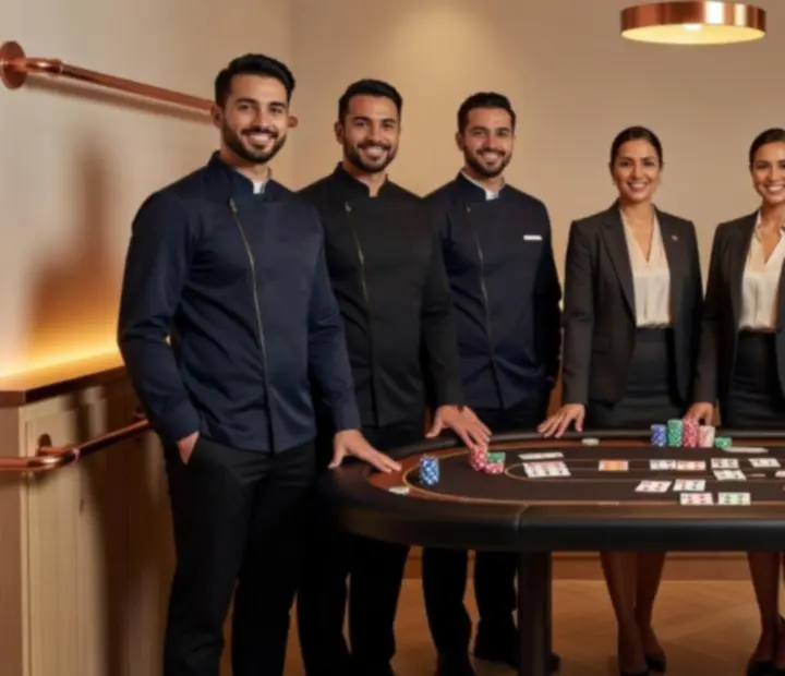 Team of hospitality professionals and card hosts in a bright lounge
