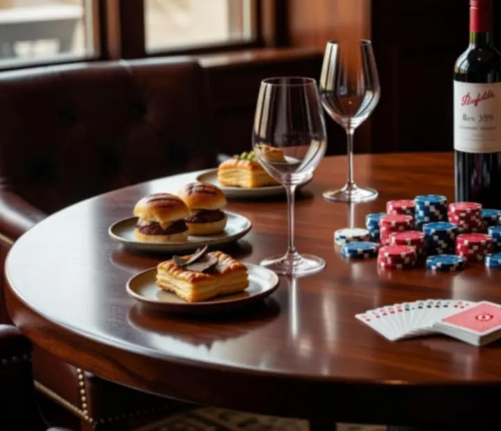 Wine glasses on a poker table arranged beside cards and chips